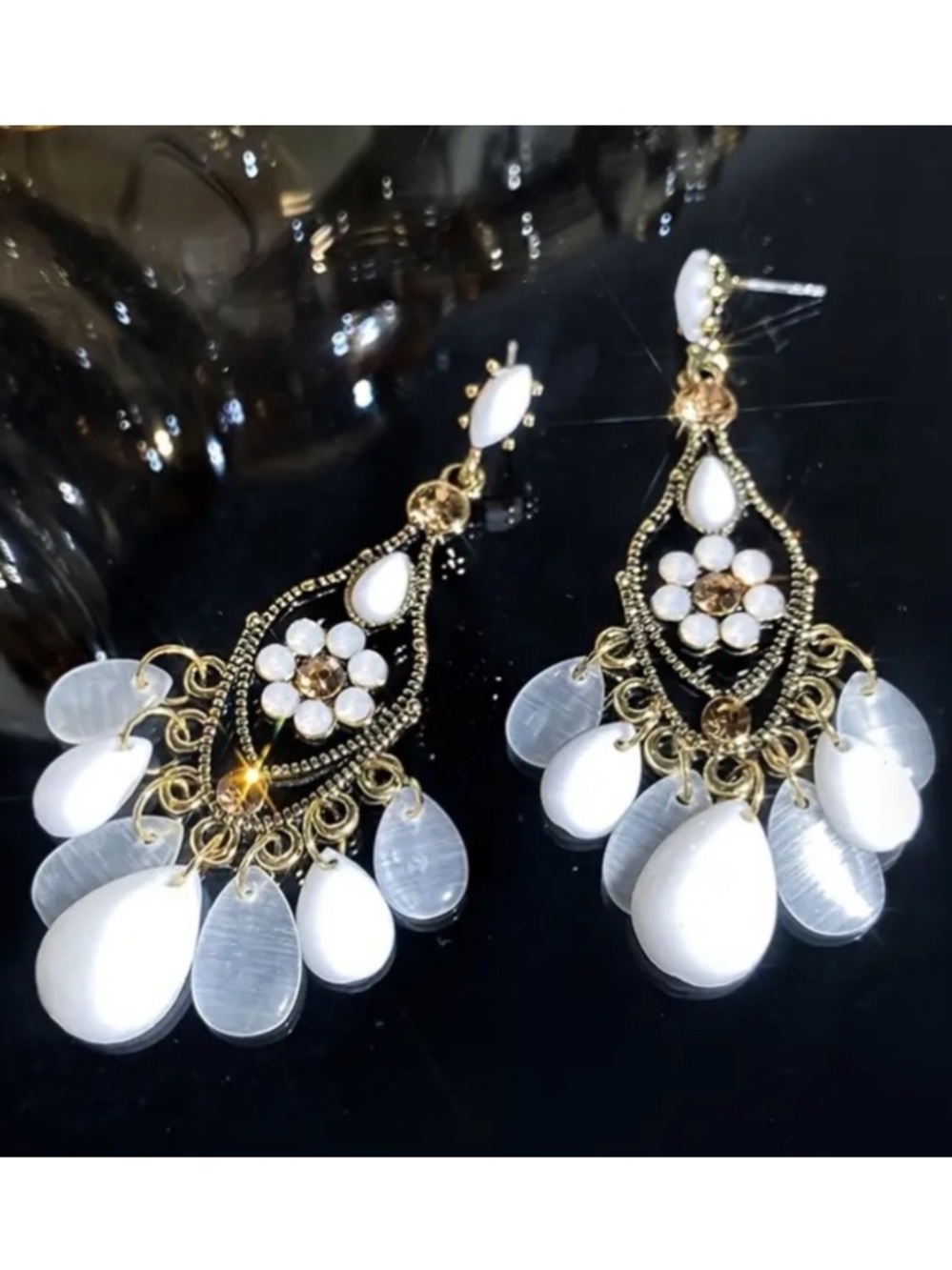Gold Tone White Opal Flower Boho Stud Earrings